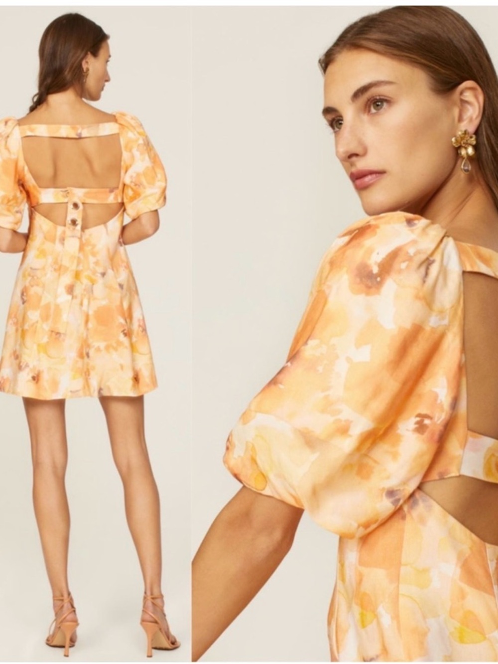 Puff-Sleeve Mini Dress in Soft Orange Watercolor - Picture 2 of 8